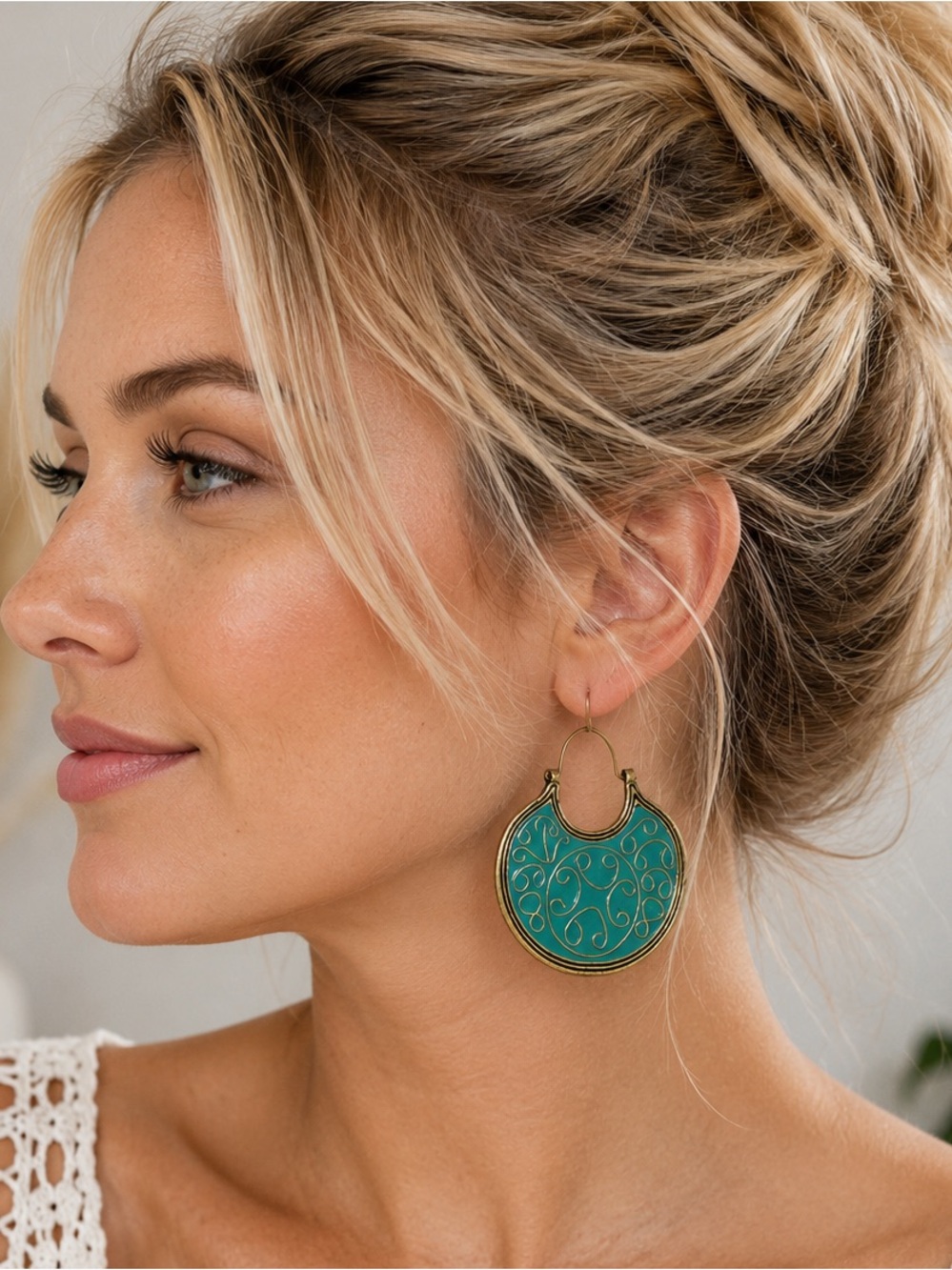 Vintage Turquoise Enamel Filigree Statement Hoop Earrings Boho